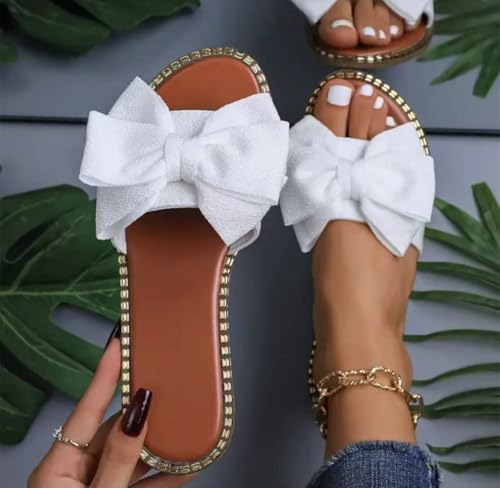 Women's Bow Knot Slides Open Toe Flat Sandals Summer Slip On Slippers