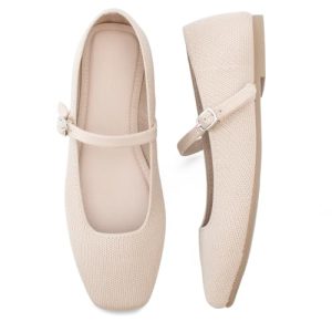 Knit Flats for Women Square Toe Flats Casual Ballet Flats with Ankle Strap,Mary Jane Shoes Women Comfortable for Dressy Office