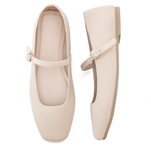 Knit Flats for Women Square Toe Flats Casual Ballet Flats with Ankle Strap,Mary Jane Shoes Women Comfortable for Dressy Office
