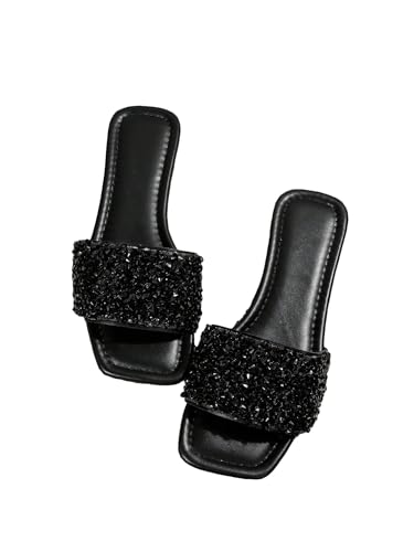 Women's Sparkly Jeweled Flat Sandals Dressy Open Toe Glitter Shiny Slippers Slip-on Shoes