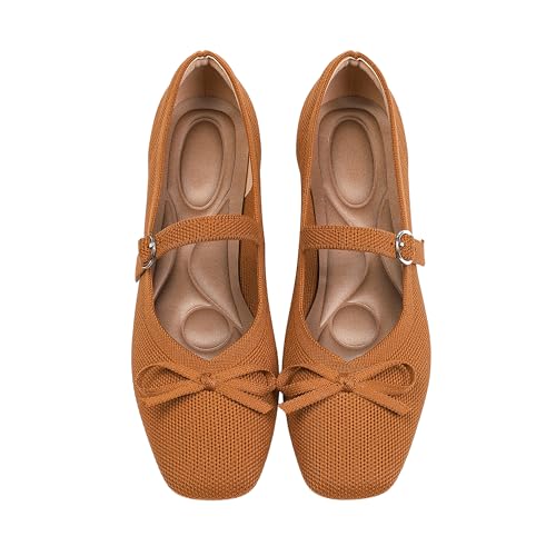 Knit Flats for Women Square Toe Flats Casual Ballet Flats with Ankle Strap,Washable Comfortable Dressy Mary Jane Flat