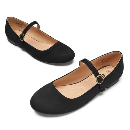 Mary Jane Flats for Women Leather Ballet Flats Shoes Round Toe Comfy Dressy Casual Work Flats with Ankle Strap