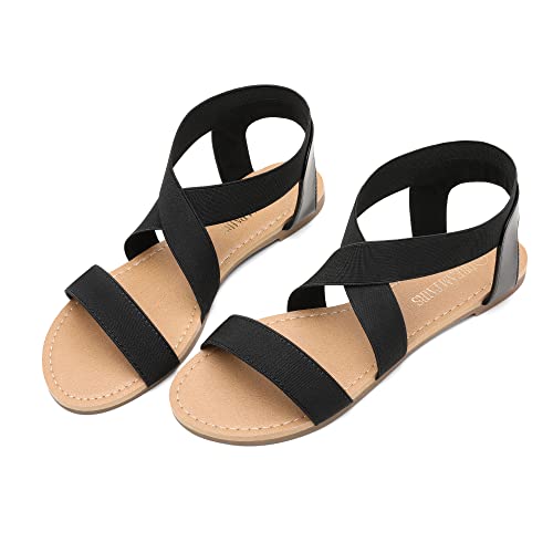 Women's Elastic Ankle Strap Flat Sandals Summer Dressy Shoes Cute Strappy Gladiator Sandals