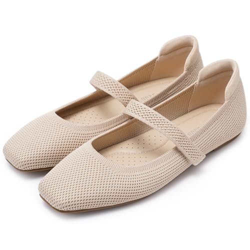 Women's Ballet Flats Shoes Square Toe Mary Jane Shoes Women Comfortable Knit Flats for Casual Wedding Office Dressy Business
