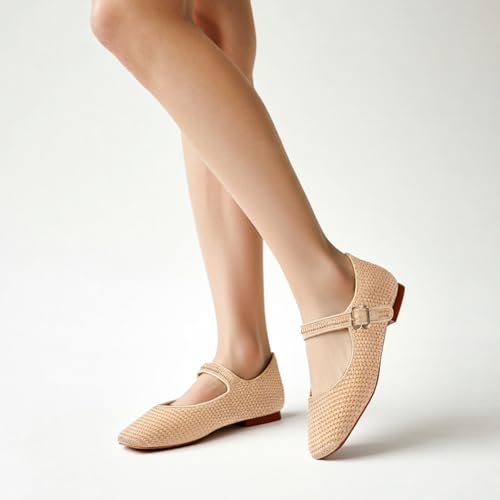 Raffia Ballet Flats Shoes for Women, Woven Mary Jane Flats with Strap Closed Square Toe Ballerina Flat Causal Daily Dress Shoes