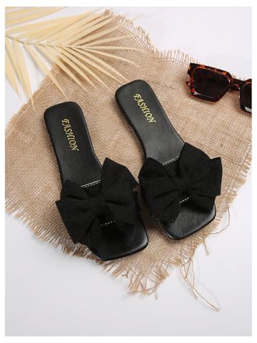 Women's Bow Square Toe Flat Sandals Summer Slides Slip On Sandals
