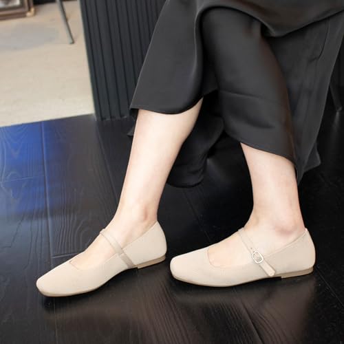 Knit Flats for Women Square Toe Flats Casual Ballet Flats with Ankle Strap,Mary Jane Shoes Women Comfortable for Dressy Office