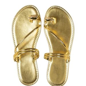 Women's Metallic Open Toe Ring Sandals Summer Strappy Flat Sandals