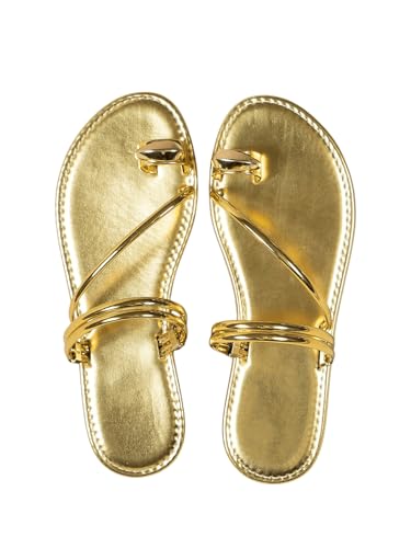 Women's Metallic Open Toe Ring Sandals Summer Strappy Flat Sandals