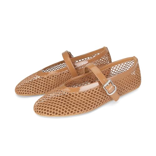 Mesh Ballet Flats for Women Buckle Strap Comfy Casual Office Fishnet Ballerina Flat Shoes