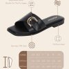Womens Flat Sandals Round Open Toe Slip On Leather Slides for Summer