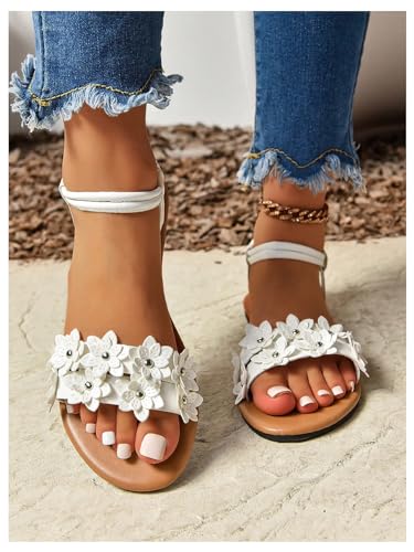 Women's Summer Sandals Flower Leather Flat Sandals with Ankle Strap
