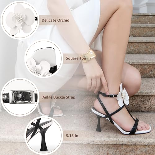 Women's Heel Sandals Flower Ankle Strap Square Open Toe Strappy Orchid Heels Dressy Sexy Wedding Shoes