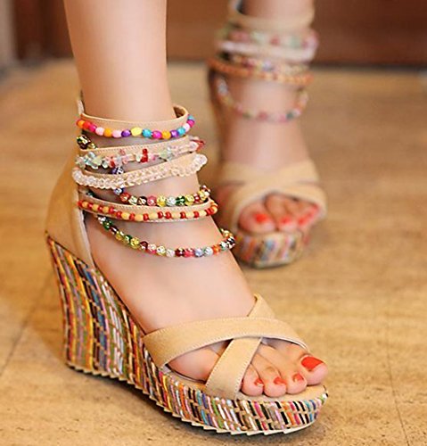 Women's Wedge Sandals With Pearls Across The Top Platform Sandals High Heels