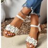 Women's Summer Sandals Flower Leather Flat Sandals with Ankle Strap