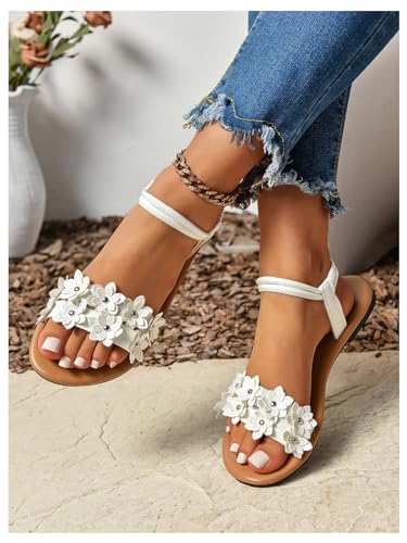 Women's Summer Sandals Flower Leather Flat Sandals with Ankle Strap