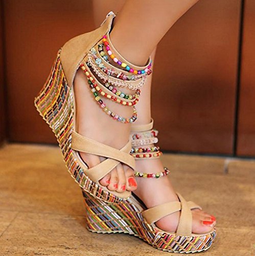 Women's Wedge Sandals With Pearls Across The Top Platform Sandals High Heels
