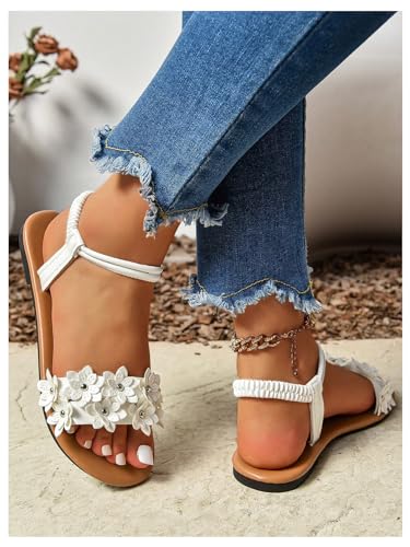 Women's Summer Sandals Flower Leather Flat Sandals with Ankle Strap