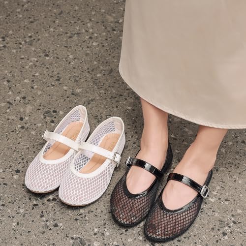 Women's Mesh Ballet Flats Round Toe Fishnet Ballerina Flats Buckle Strap Mary Jane Ballet Flats for Parties or Casual Dress