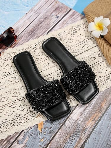 Women's Sparkly Jeweled Flat Sandals Dressy Open Toe Glitter Shiny Slippers Slip-on Shoes
