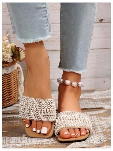 Women's Pearls Slide Sandals Open Toe Slip On Summer Sandals