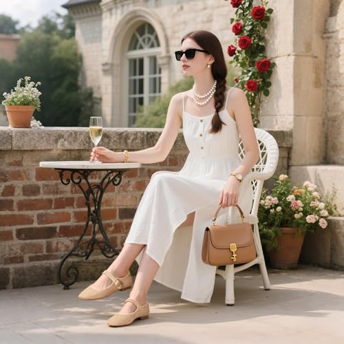 Raffia Ballet Flats Shoes for Women, Woven Mary Jane Flats with Strap Closed Square Toe Ballerina Flat Causal Daily Dress Shoes