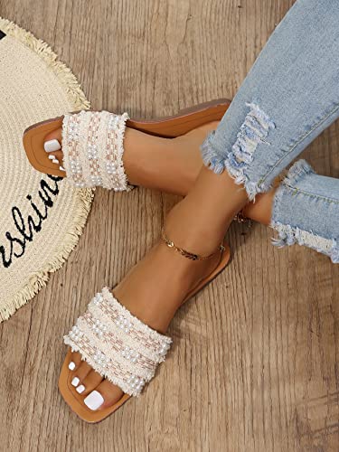 Women's Summer Beach Flat Cute Sandals 2025 Color Block Faux Pearls Decor Leather Flat Slides