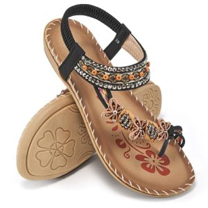 Womens Sandals Flats Shoes: Comfortable Bohemian Beaded Dressy Summer Flat Casual Ankle Strap Elastic Slip on Beach Sandal