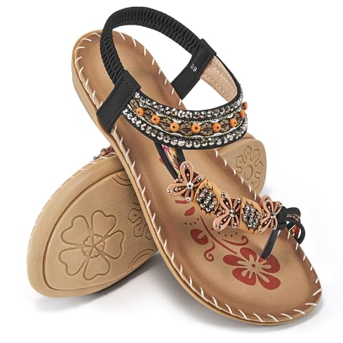 Womens Sandals Flats Shoes: Comfortable Bohemian Beaded Dressy Summer Flat Casual Ankle Strap Elastic Slip on Beach Sandal