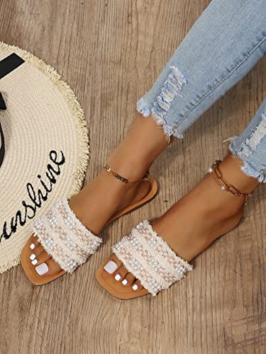Women's Summer Beach Flat Cute Sandals 2025 Color Block Faux Pearls Decor Leather Flat Slides
