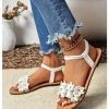 Women's Summer Sandals Flower Leather Flat Sandals with Ankle Strap