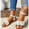Women's Summer Sandals Flower Leather Flat Sandals with Ankle Strap
