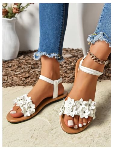 Women's Summer Sandals Flower Leather Flat Sandals with Ankle Strap