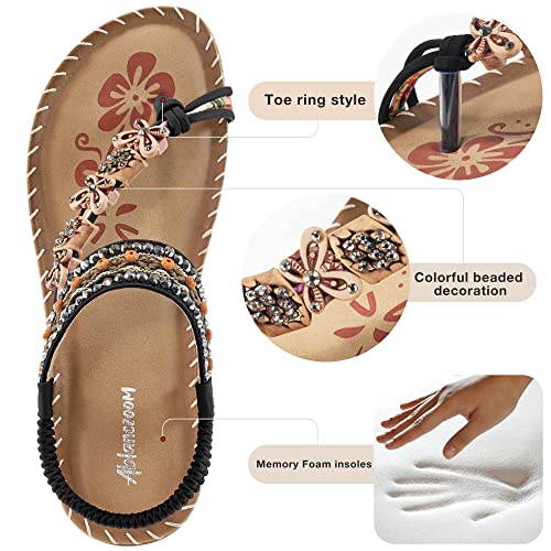 Womens Sandals Flats Shoes: Comfortable Bohemian Beaded Dressy Summer Flat Casual Ankle Strap Elastic Slip on Beach Sandal