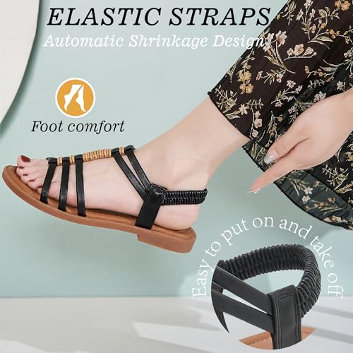 Womens Sandals Flats Shoes - Comfortable Summer Dressy Casual Ankle Elastic Slip on Walking Beach Sandal