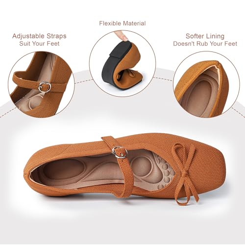 Knit Flats for Women Square Toe Flats Casual Ballet Flats with Ankle Strap,Washable Comfortable Dressy Mary Jane Flat