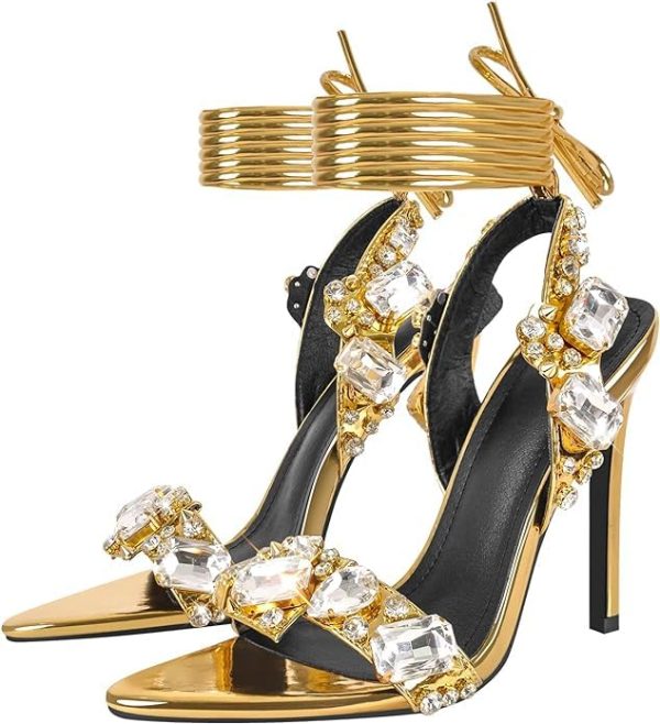Women's Strappy Stiletto Heels with Crystal Lace Up Gladiator Sexy Open Toe High Heeled Sandals Gold Heels for Women